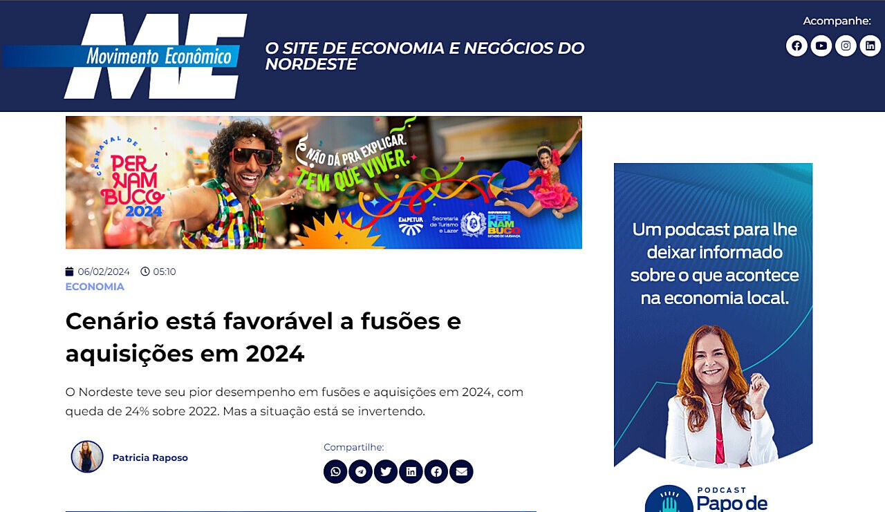 Cenrio est favorvel a fuses e aquisies em 2024